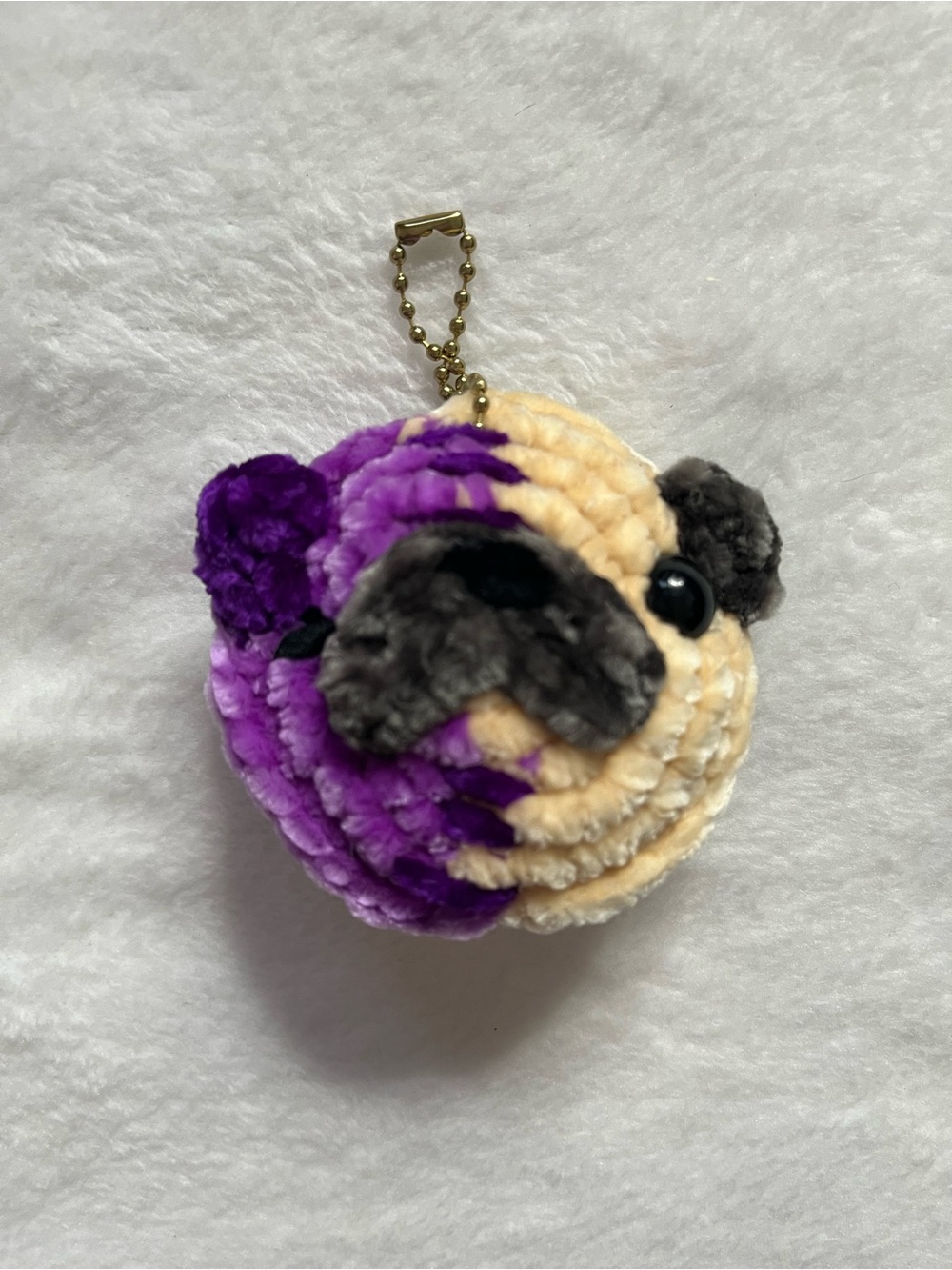 Pug zombie half purple zombie w/ x eyes half fawn Pug Keychain handmade crochet
